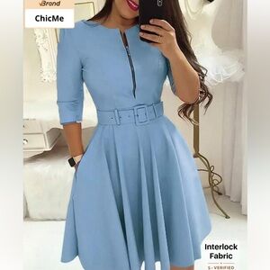 Sky Blue Long Sleeve Belted Dress